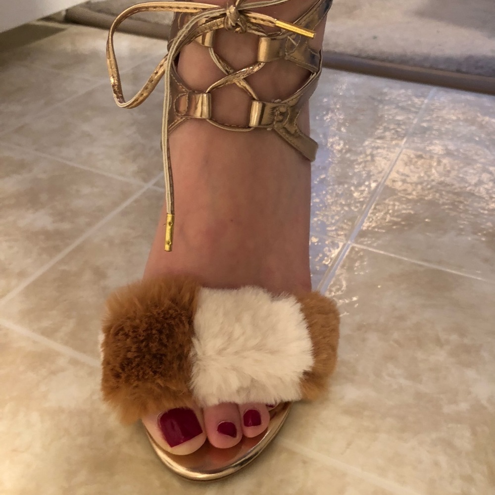 Qupid lucite heels with multi colored faux fur